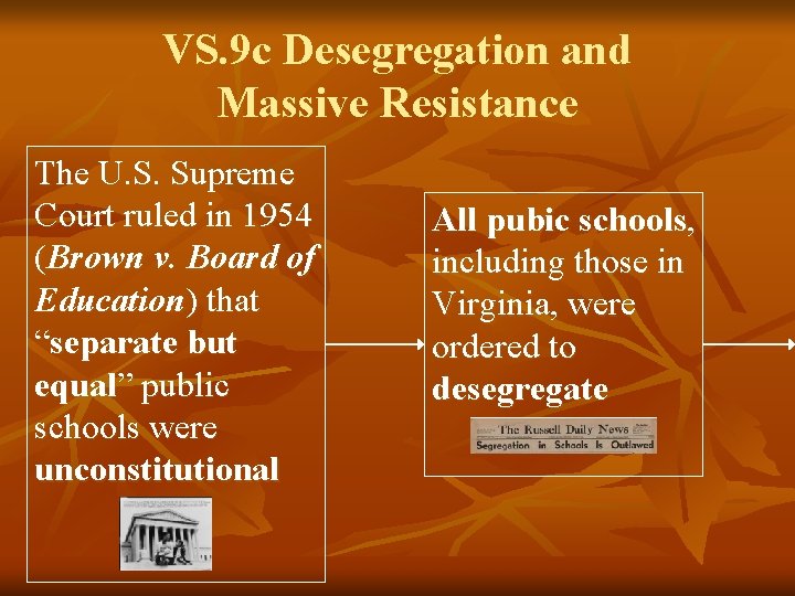 VS. 9 c Desegregation and Massive Resistance The U. S. Supreme Court ruled in