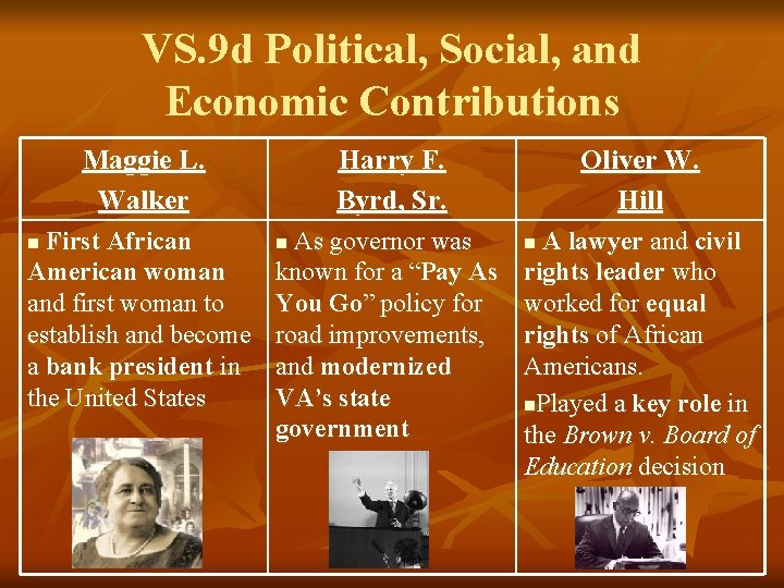 VS. 9 d Political, Social, and Economic Contributions Maggie L. Walker First African American