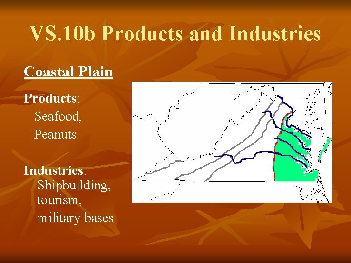 VS. 10 b Products and Industries Coastal Plain Products: Seafood, Peanuts Industries: Shipbuilding, tourism,