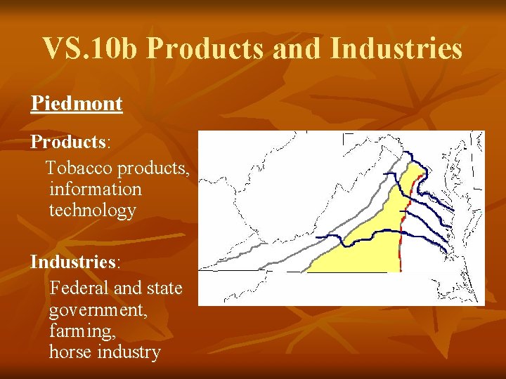 VS. 10 b Products and Industries Piedmont Products: Tobacco products, information technology Industries: Federal