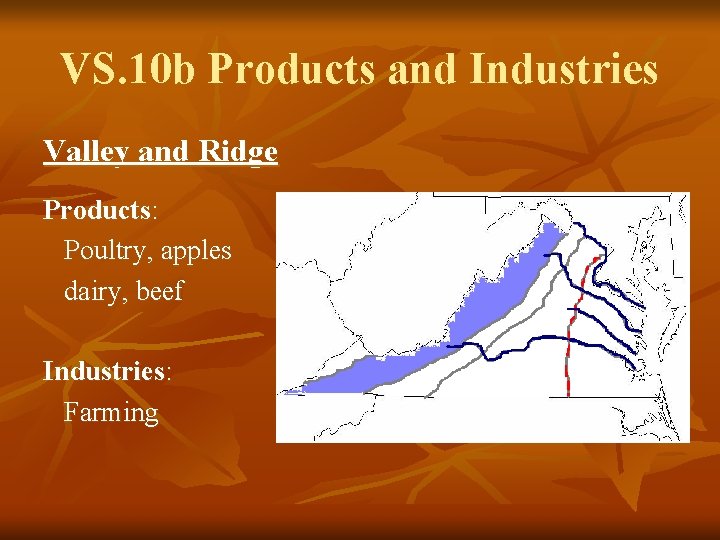 VS. 10 b Products and Industries Valley and Ridge Products: Poultry, apples dairy, beef