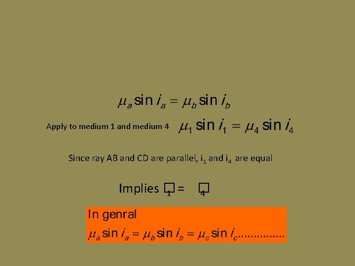 Apply to medium 1 and medium 4 Since ray AB and CD are parallel,