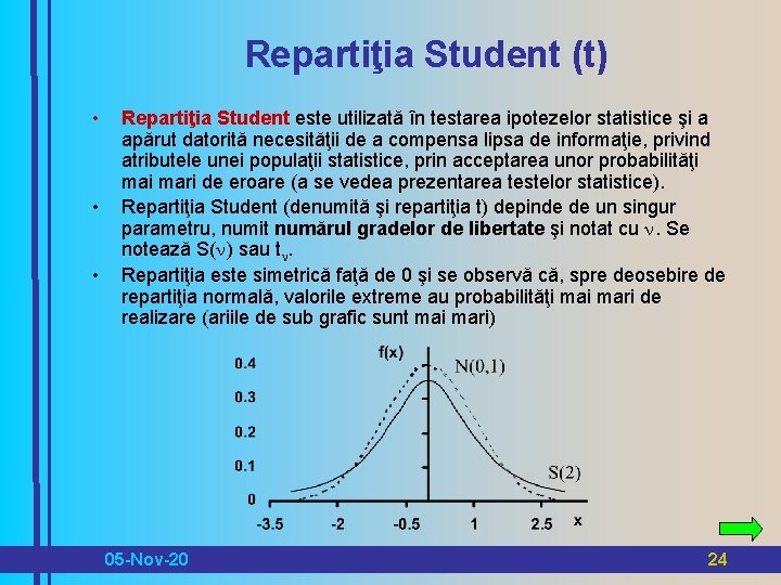 Repartiţia Student (t) • • • Repartiţia Student este utilizată în testarea ipotezelor statistice
