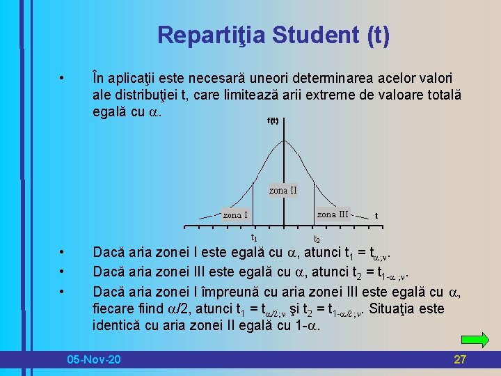 Repartiţia Student (t) • În aplicaţii este necesară uneori determinarea acelor valori ale distribuţiei