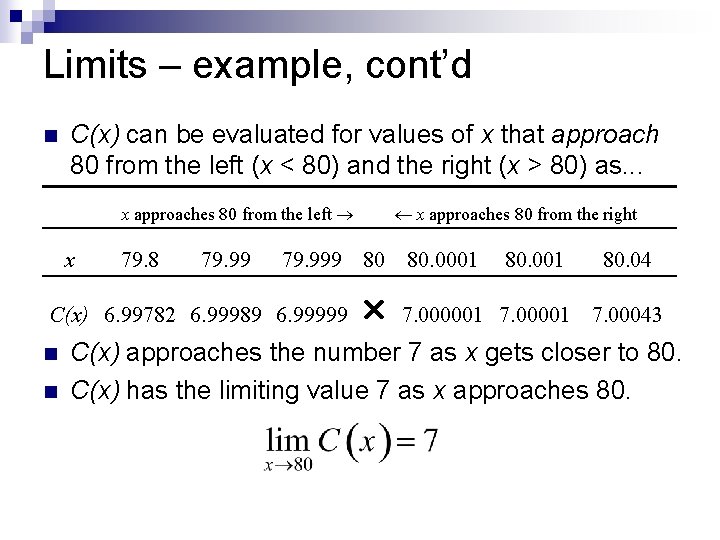 Limits – example, cont’d n C(x) can be evaluated for values of x that