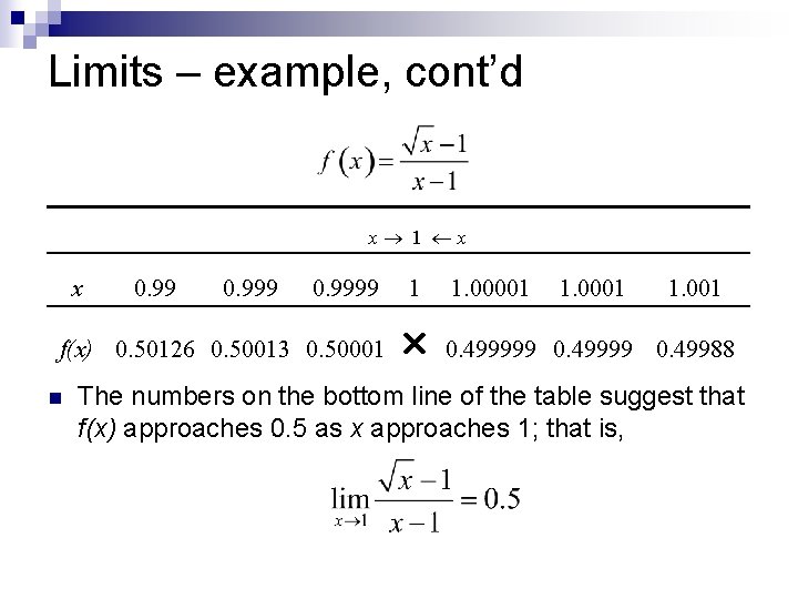 Limits – example, cont’d x 1 x x 0. 9999 1 1. 00001 f(x)