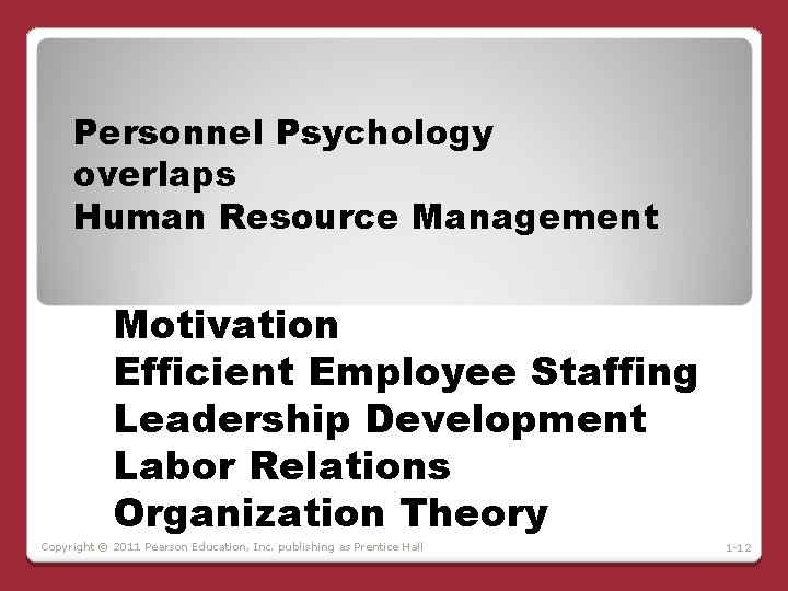 Personnel Psychology overlaps Human Resource Management Motivation Efficient Employee Staffing Leadership Development Labor Relations