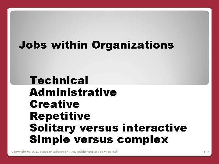 Jobs within Organizations Technical Administrative Creative Repetitive Solitary versus interactive Simple versus complex Copyright