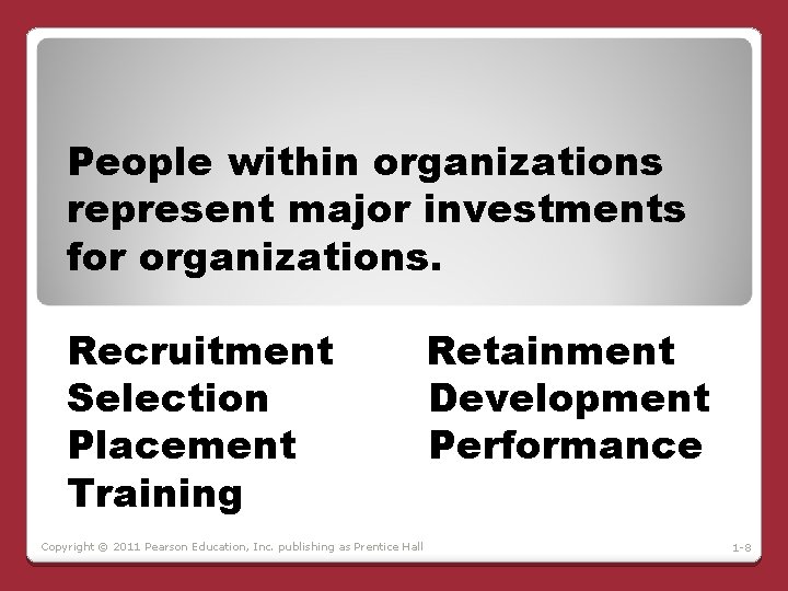 People within organizations represent major investments for organizations. Recruitment Selection Placement Training Copyright ©