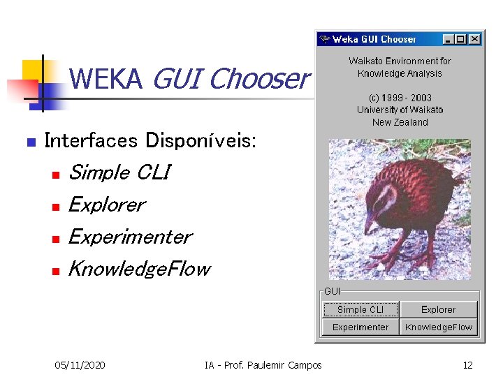 WEKA GUI Chooser n Interfaces Disponíveis: Simple CLI n Explorer n Experimenter n Knowledge. WEKA GUI Chooser n Interfaces Disponíveis: Simple CLI n Explorer n Experimenter n Knowledge.