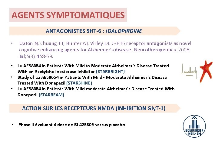 AGENTS SYMPTOMATIQUES ANTAGONISTES 5 HT-6 : IDALOPIRDINE • Upton N, Chuang TT, Hunter AJ,