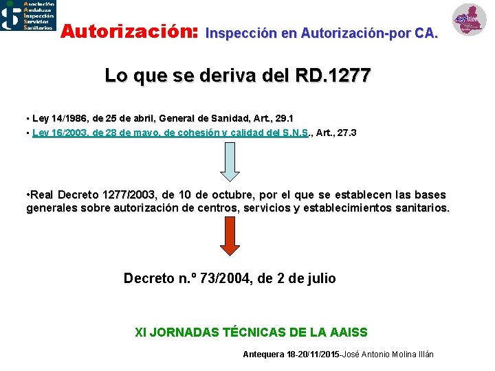 Autorización: Inspección en Autorización-por CA. Lo que se deriva del RD. 1277 • Ley