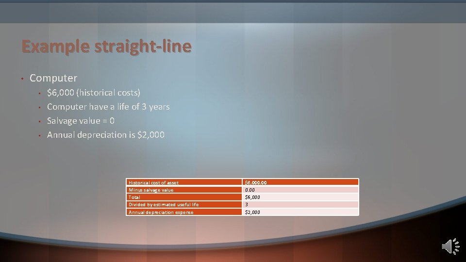 Example straight-line • Computer • • $6, 000 (historical costs) Computer have a life Example straight-line • Computer • • $6, 000 (historical costs) Computer have a life