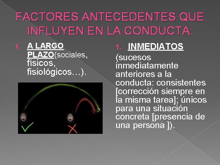 FACTORES ANTECEDENTES QUE INFLUYEN EN LA CONDUCTA: 1. A LARGO PLAZO(sociales, físicos, fisiológicos…). INMEDIATOS FACTORES ANTECEDENTES QUE INFLUYEN EN LA CONDUCTA: 1. A LARGO PLAZO(sociales, físicos, fisiológicos…). INMEDIATOS