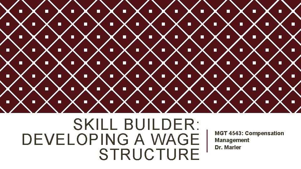 SKILL BUILDER: DEVELOPING A WAGE STRUCTURE MGT 4543: Compensation Management Dr. Marler 