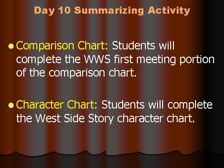 Day 10 Summarizing Activity l Comparison Chart: Students will complete the WWS first meeting