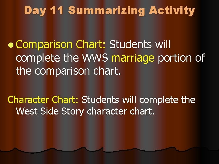 Day 11 Summarizing Activity l Comparison Chart: Students will complete the WWS marriage portion