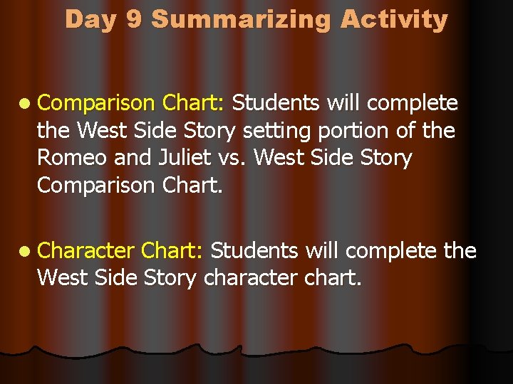 Day 9 Summarizing Activity l Comparison Chart: Students will complete the West Side Story
