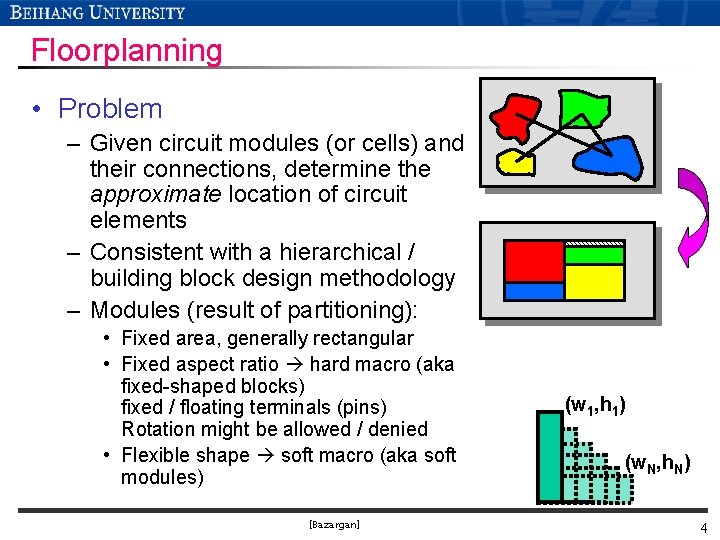 Floorplanning • Problem – Given circuit modules (or cells) and their connections, determine the