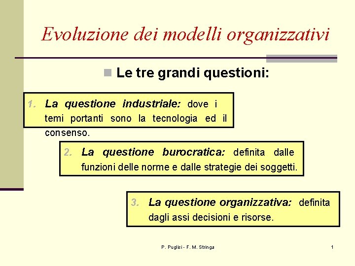 Evoluzione dei modelli organizzativi n Le tre grandi questioni: 1. La questione industriale: dove