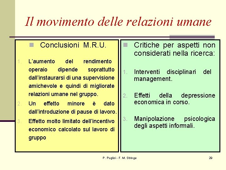 Il movimento delle relazioni umane n Conclusioni M. R. U. 1. L’aumento del rendimento
