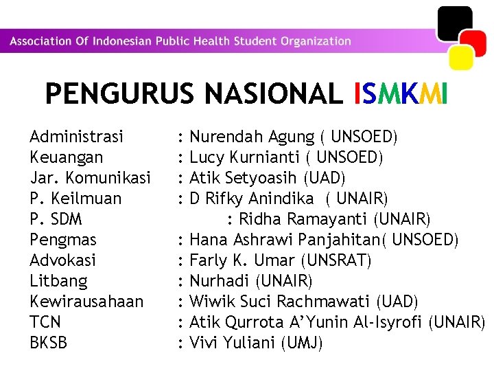 PENGURUS NASIONAL ISMKMI Administrasi Keuangan Jar. Komunikasi P. Keilmuan P. SDM Pengmas Advokasi Litbang