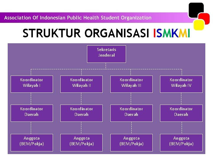 STRUKTUR ORGANISASI ISMKMI Sekretaris Jenderal Koordinator Wilayah III Koordinator Wilayah IV Koordinator Daerah Anggota