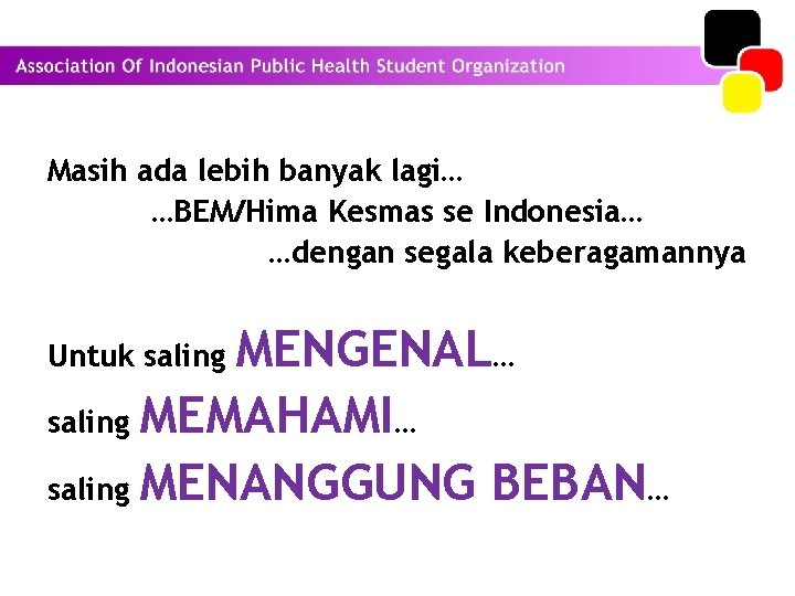 Masih ada lebih banyak lagi… …BEM/Hima Kesmas se Indonesia… …dengan segala keberagamannya MENGENAL… saling