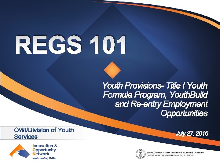 REGS 101 Youth Provisions- Title I Youth Formula Program, Youth. Build and Re-entry Employment