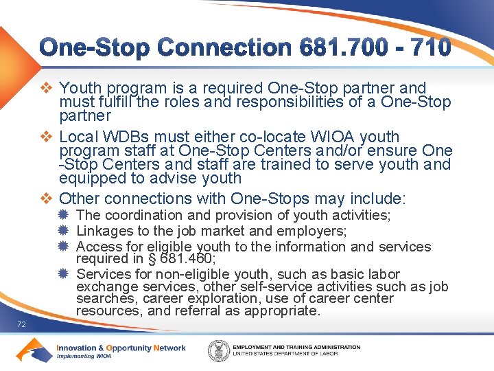 v Youth program is a required One-Stop partner and must fulfill the roles and