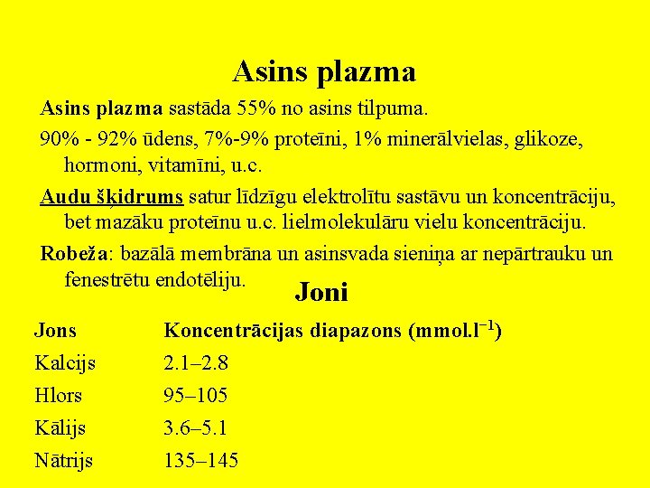 Asins plazma sastāda 55% no asins tilpuma. 90% - 92% ūdens, 7%-9% proteīni, 1%