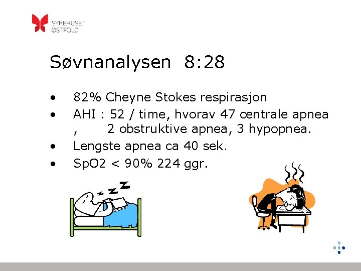 Søvnanalysen 8: 28 • • 82% Cheyne Stokes respirasjon AHI : 52 / time,