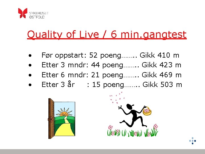 Quality of Live / 6 min. gangtest • • Før oppstart: 52 poeng……. .