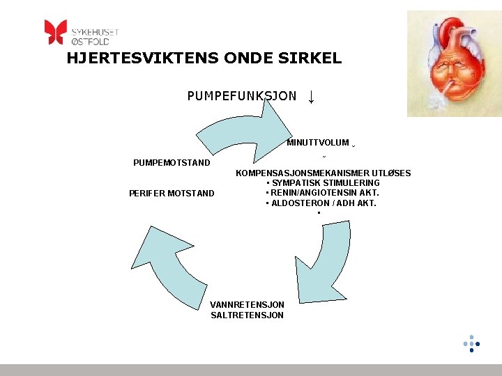 HJERTESVIKTENS ONDE SIRKEL PUMPEFUNKSJON ↓ MINUTTVOLUM ↓ ↓ PUMPEMOTSTAND PERIFER MOTSTAND KOMPENSASJONSMEKANISMER UTLØSES •