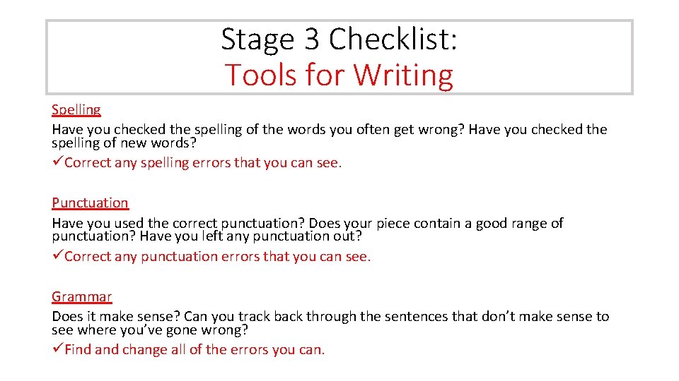 Stage 3 Checklist: Tools for Writing Spelling Have you checked the spelling of the