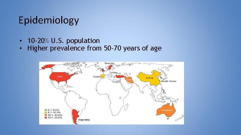 Epidemiology • 10 -20% U. S. population • Higher prevalence from 50 -70 years