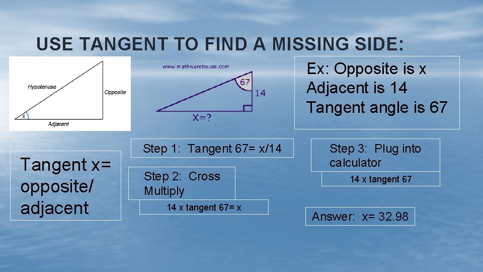 USE TANGENT TO FIND A MISSING SIDE: Ex: Opposite is x Adjacent is 14