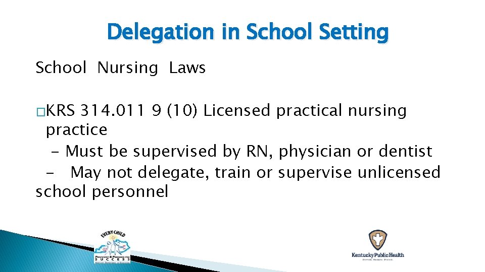 Delegation in School Setting School Nursing Laws �KRS 314. 011 9 (10) Licensed practical