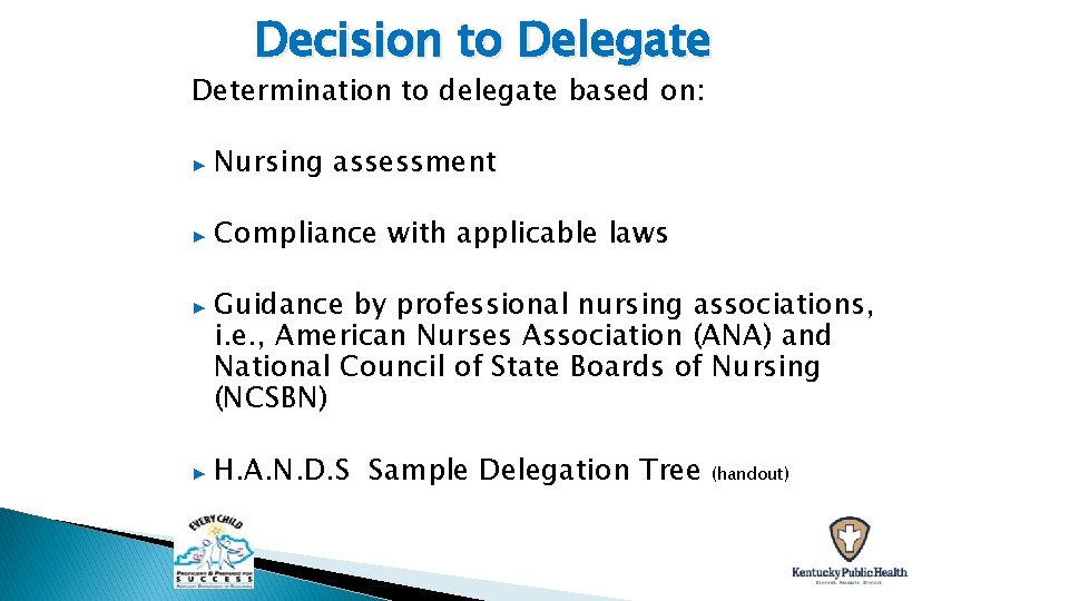 Decision to Delegate Determination to delegate based on: ▶ Nursing assessment ▶ Compliance with