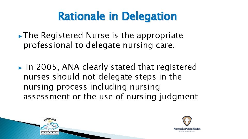 Rationale in Delegation ▶ The Registered Nurse is the appropriate professional to delegate nursing