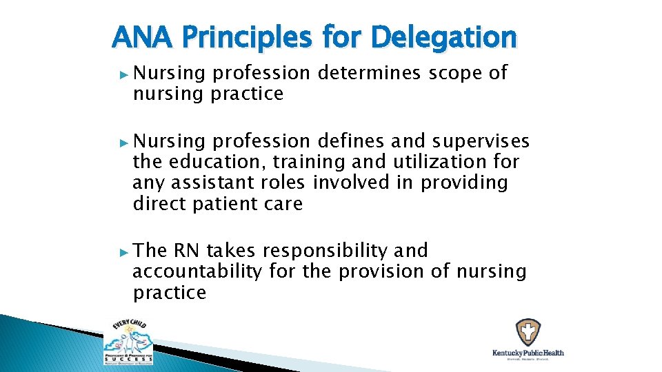 ANA Principles for Delegation ▶ Nursing profession determines scope of nursing practice ▶ Nursing