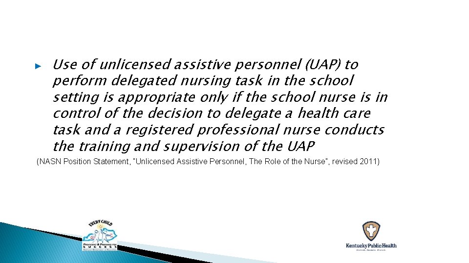 ▶ Use of unlicensed assistive personnel (UAP) to perform delegated nursing task in the