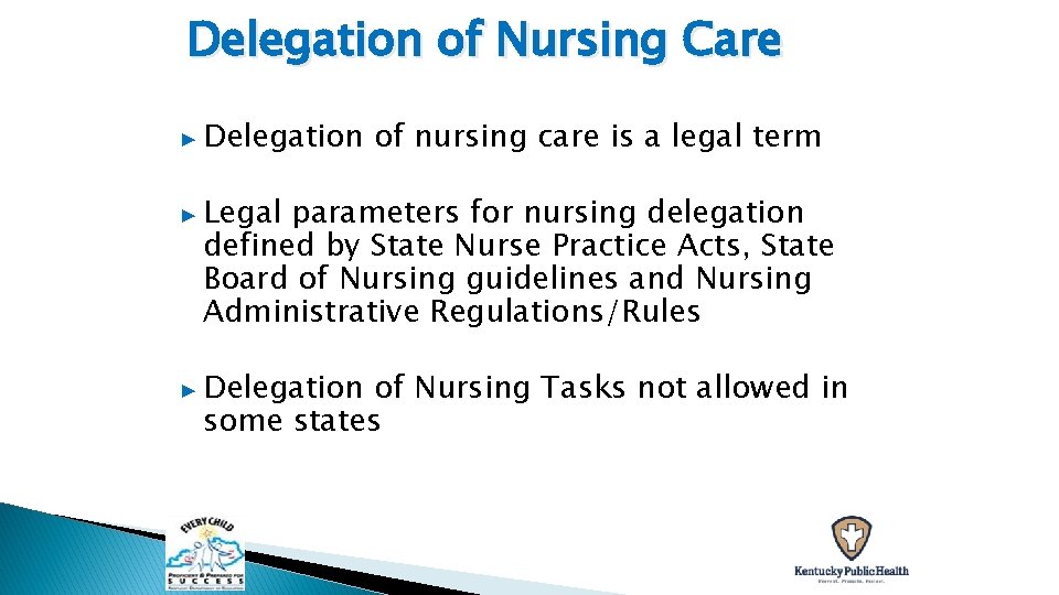 Delegation of Nursing Care ▶ Delegation of nursing care is a legal term ▶