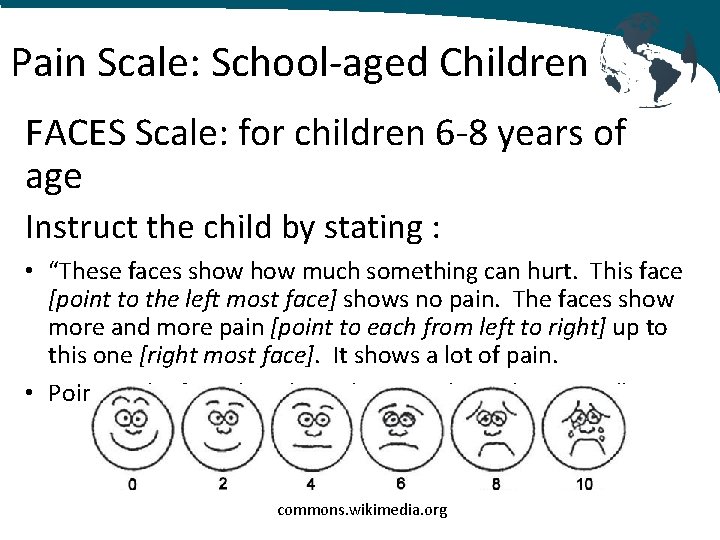 Pain Scale: School-aged Children FACES Scale: for children 6 -8 years of age Instruct