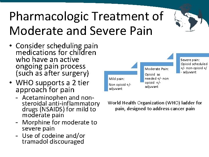 Pharmacologic Treatment of Moderate and Severe Pain • Consider scheduling pain medications for children