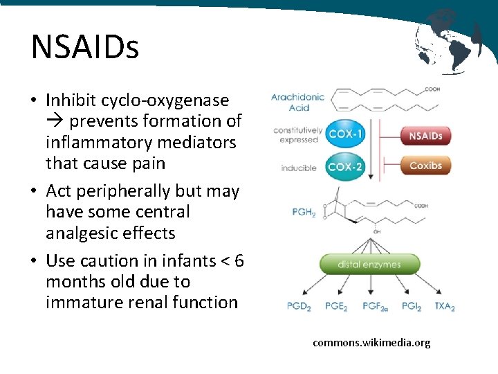 NSAIDs • Inhibit cyclo-oxygenase prevents formation of inflammatory mediators that cause pain • Act