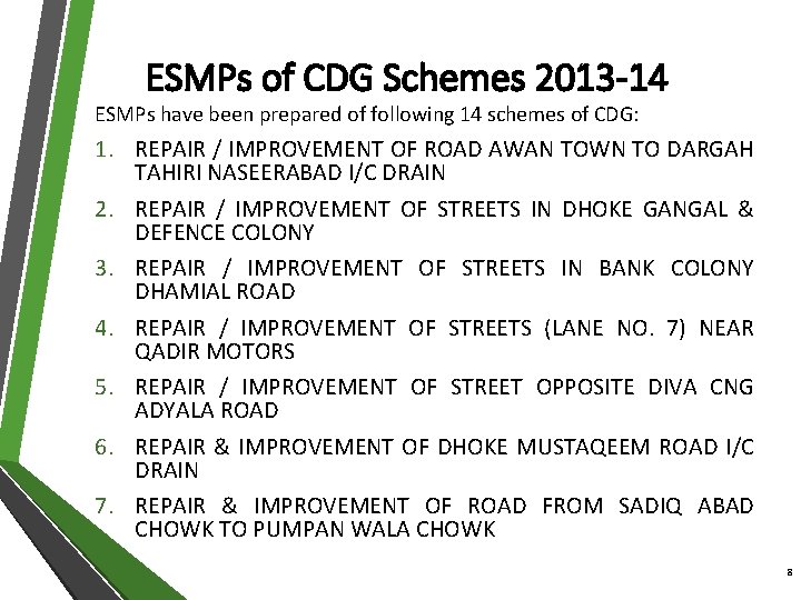 ESMPs of CDG Schemes 2013 -14 ESMPs have been prepared of following 14 schemes