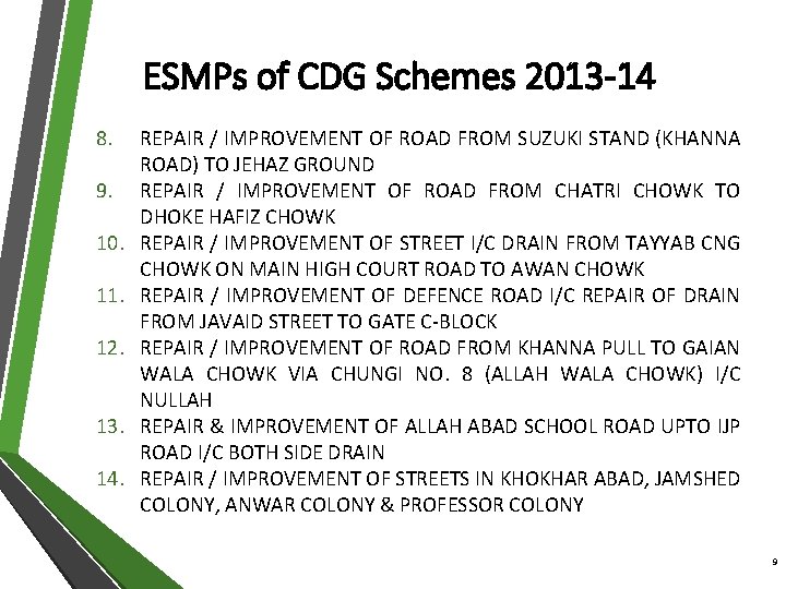 ESMPs of CDG Schemes 2013 -14 8. 9. 10. 11. 12. 13. 14. REPAIR