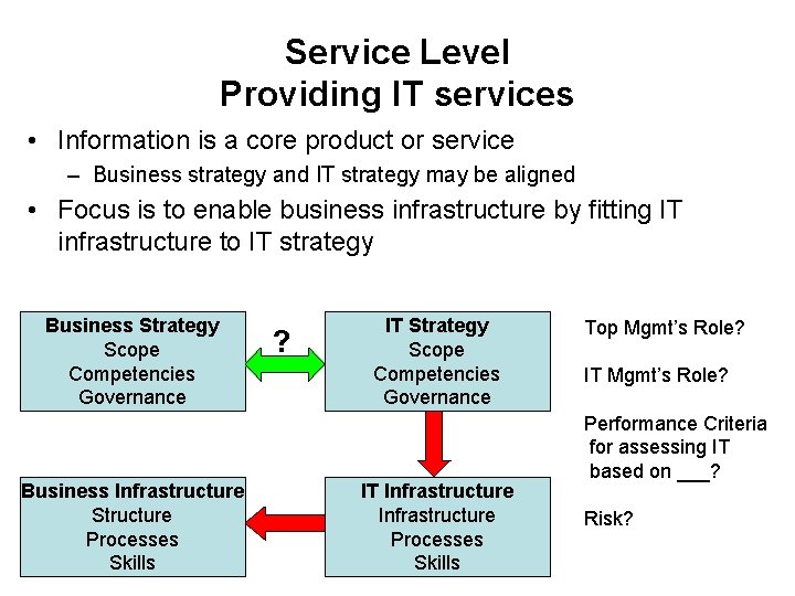 Service Level Providing IT services • Information is a core product or service –
