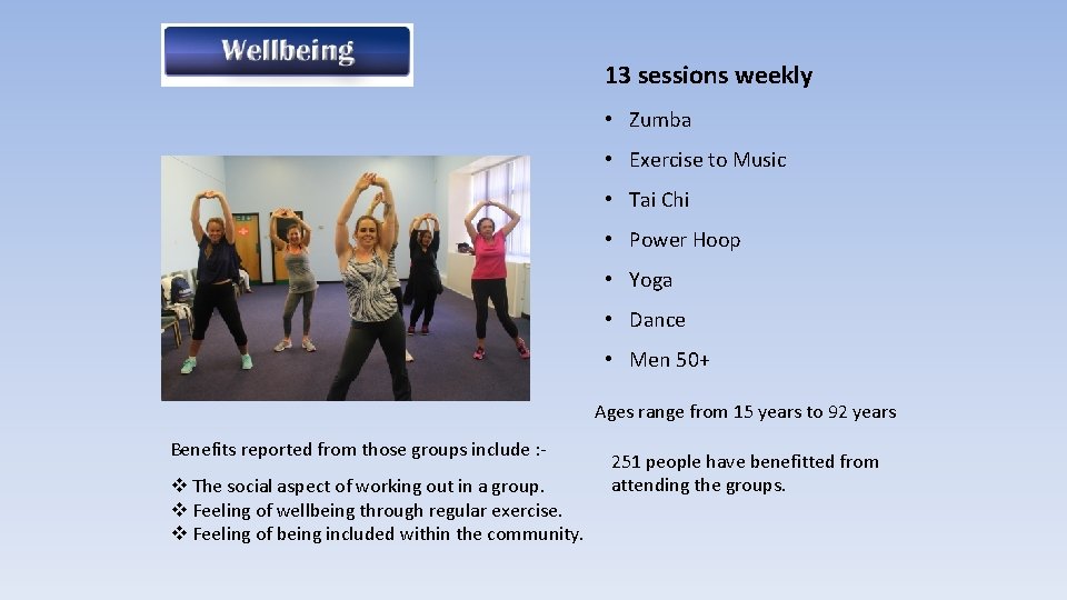 13 sessions weekly • Zumba • Exercise to Music • Tai Chi • Power